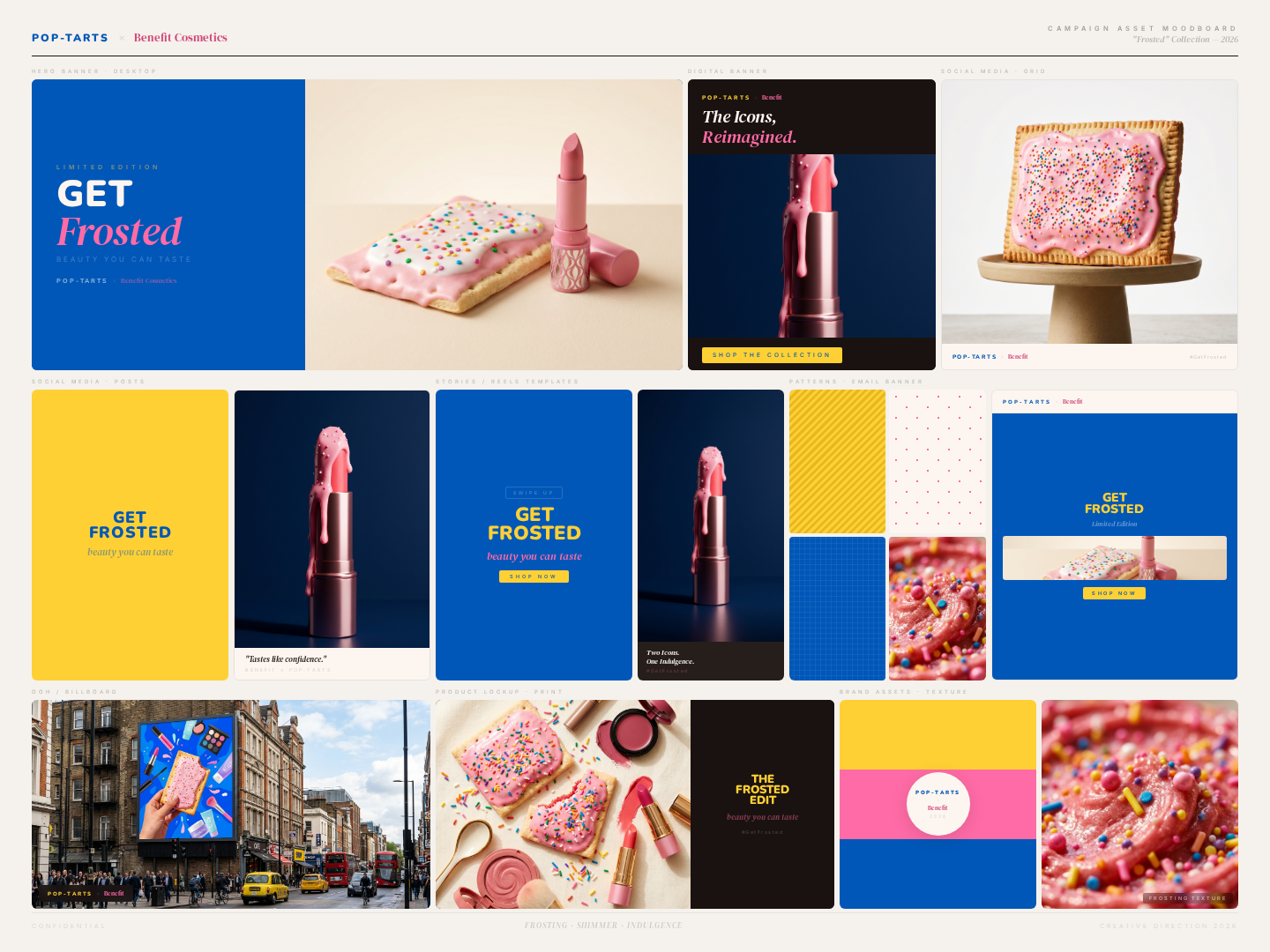 FROSTED campaign asset moodboard — Pop-Tarts × Benefit Cosmetics